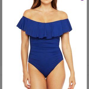 La Blanca Women's NWT $89 Blue Island Blue Ruffle Off-Shoulder One Piece…